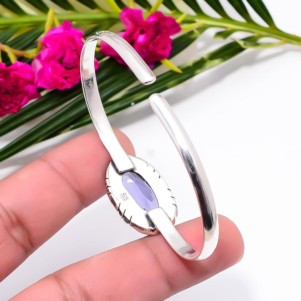 Handmade Sterling Silver Iolite Gemstone Bangle Cuff-Adjustable Birthstone Bracelet For Women