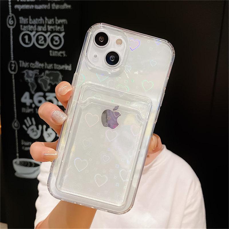 Transparentní Gradient Laser Love Heart Wallet Card Bag Pouzdro na telefon pro iPhone 13 12 11 Pro Max X XR XS 7 8 6 Plus SE 2020 nárazník