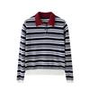 Women's 100% Wool Yangzi Knit Polo Collar Striped Retro Long Sleeve Sweater