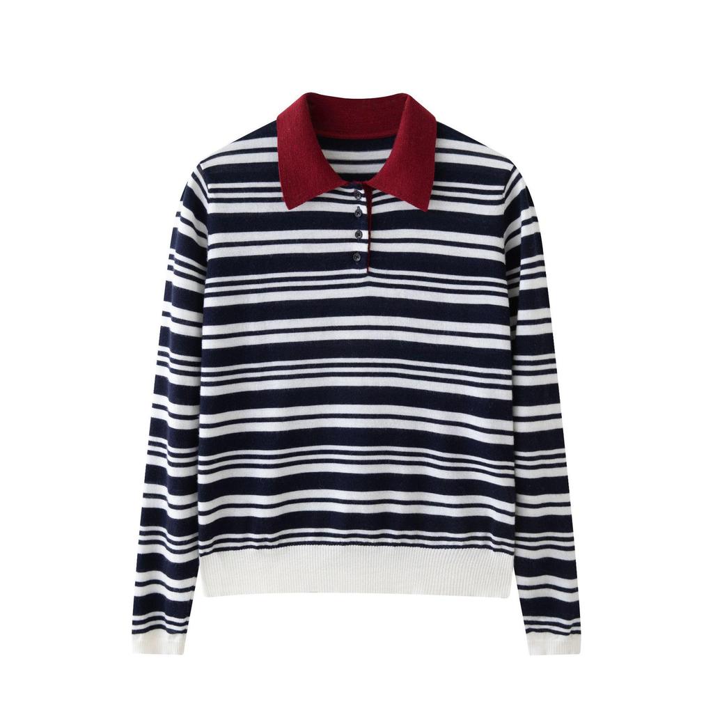 Women's 100% Wool Yangzi Knit Polo Collar Striped Retro Long Sleeve Sweater