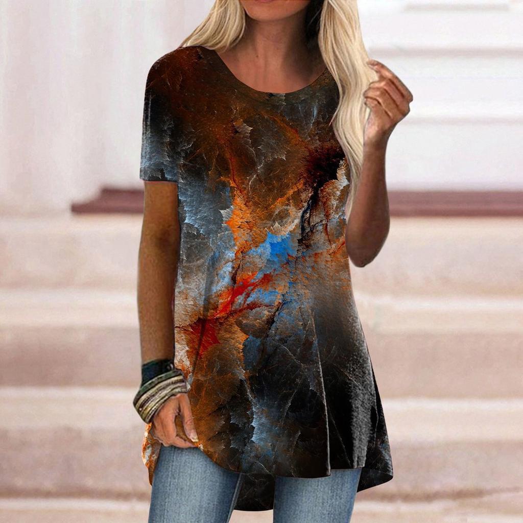 Women's Round Neck Short Sleeve Geometric Print Tunic Top Casual Asymmetrical Hem Blouse
