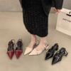 Thick heel shallow mouth bag head sandals empty women's shoes spring and summer 2025 new patent leather pointed middle heel with skirt single shoes