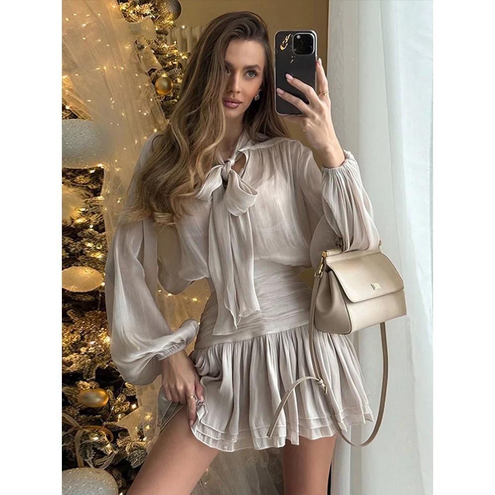 Elegante Rüschen-Minirock-Anzüge Damen Locker Schnürung Schleife Langarm-Hemden-Sets Damen-Set 2 Teile
