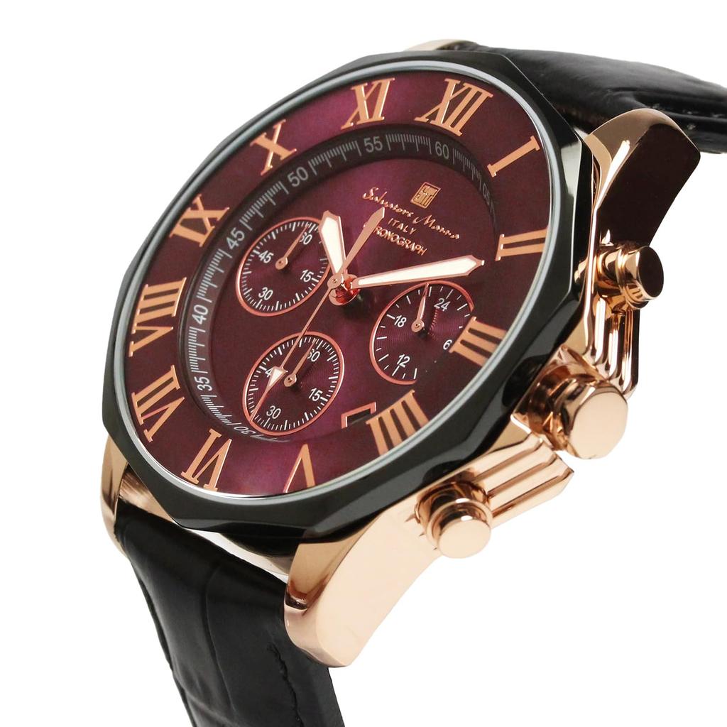 Salvatore Marra Red Chronograph 10 ATM Water Black Leather Burlap Men's Wristwatch, Resistant, Strap, Pattern, SM15104-PGPLLE