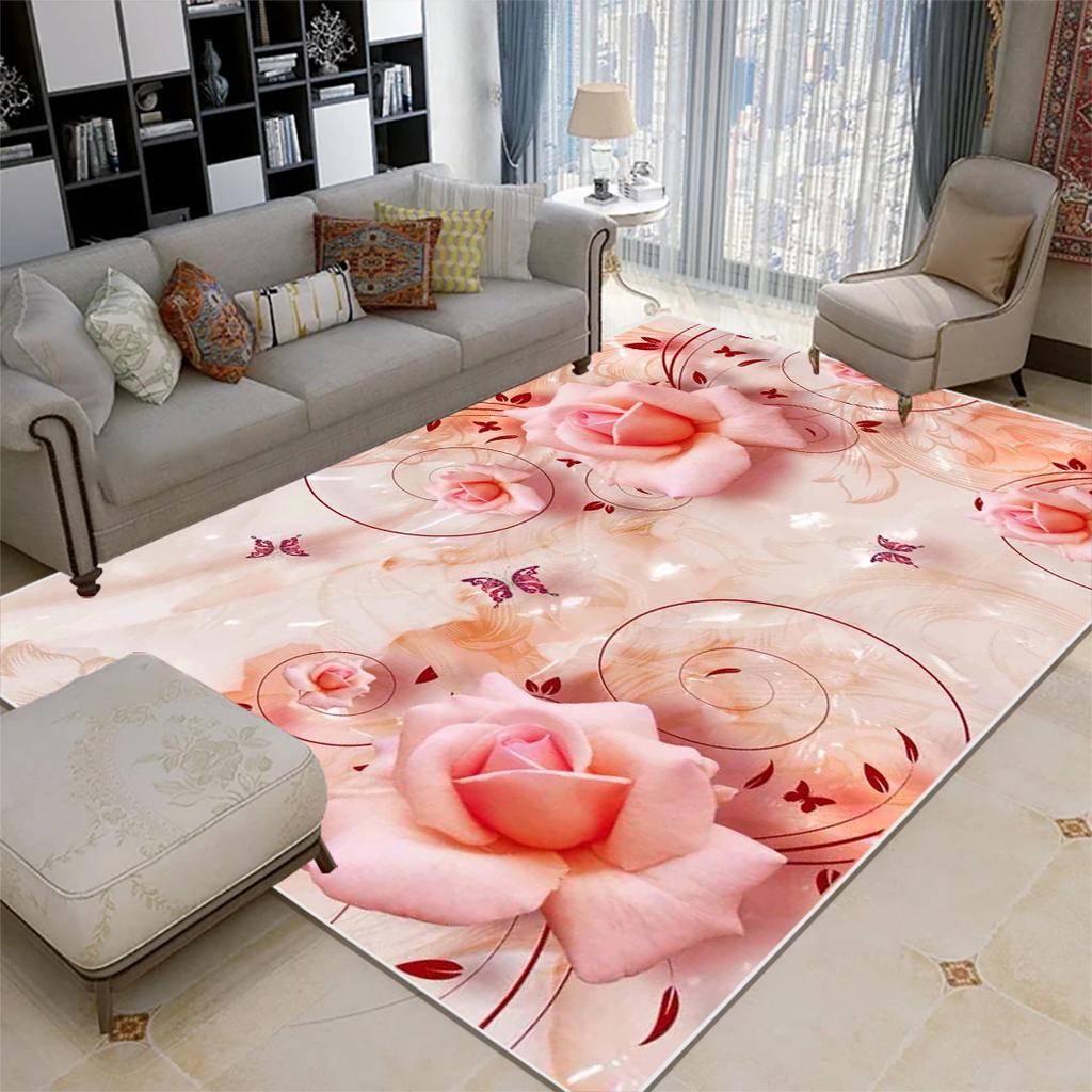 Modern Style Pink Rose Carpets Living Room Decoration Carpet Girl Bedroom Bedside Bay Window Non-slip Rug Washable Floor Mat