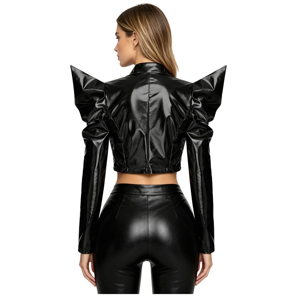 Jaqueta Crop Feminina Metálica Brilhante Manga Bufante Dramática Manga Longa Blazer Crop Aberto na Frente com Lapela