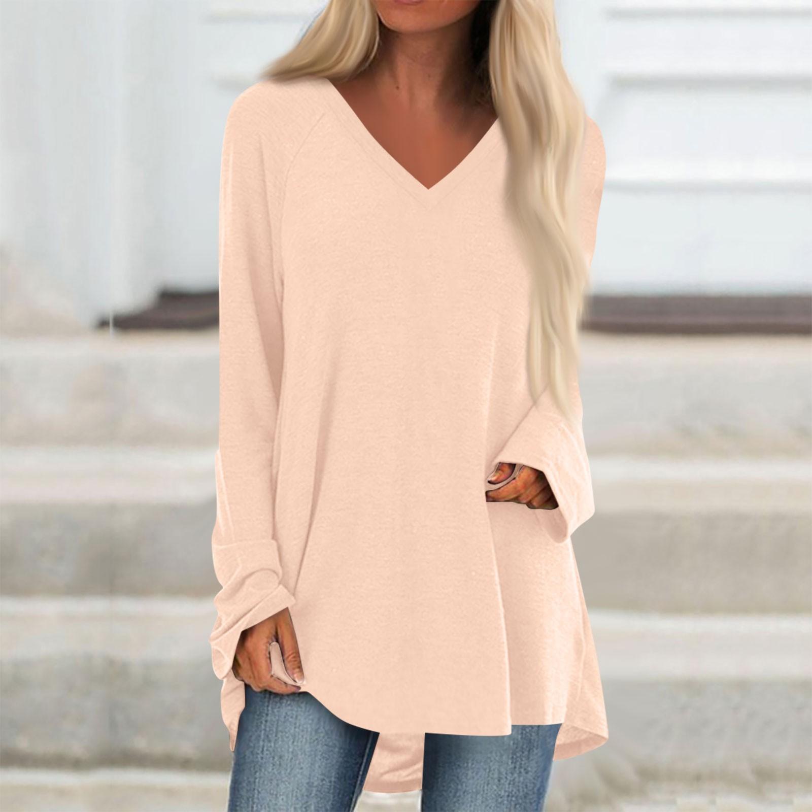 

Женская и зимняя однотонная повседневная длинная свободная футболка с длинными рукавами и V-образным вырезом XXL белый