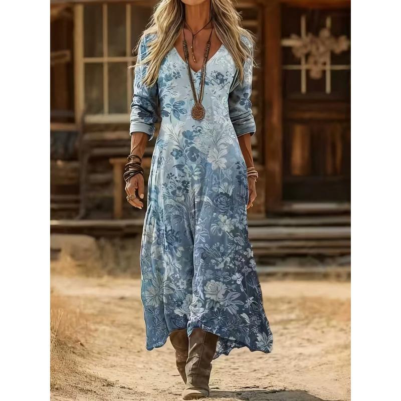 Creative Tie-dye Printing Women's New V-neck Long-sleeved Dress Medium and Long Dress