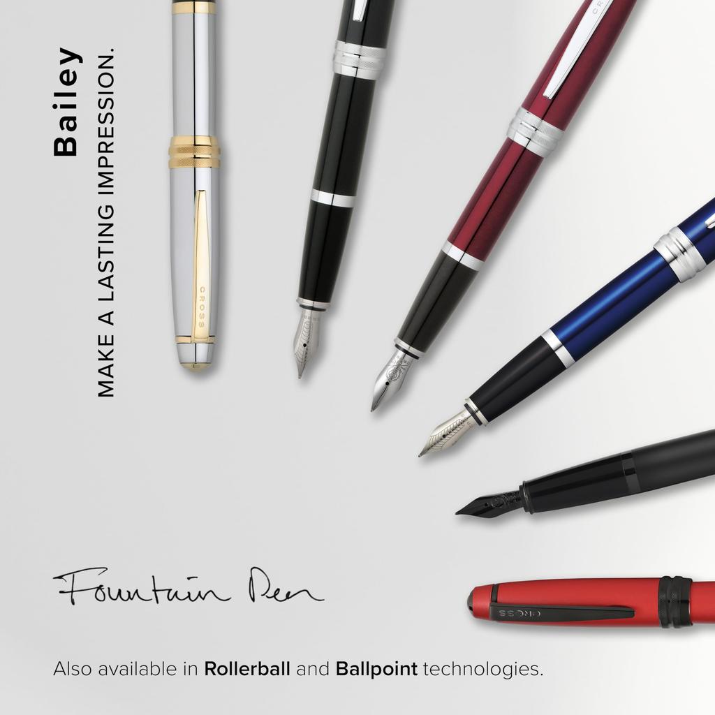 Cross Bailey Black Lacquer Fountain Pen Stainless Steel Medium Nib