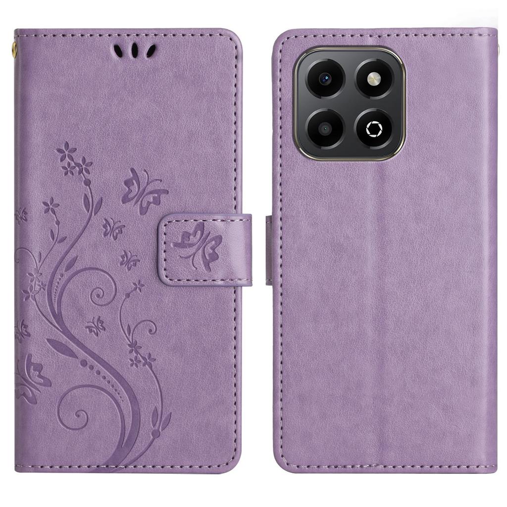 For Honor X6b 4G Leather Wallet Case Butterfly Flower Imprinted Phone Cover with Strap