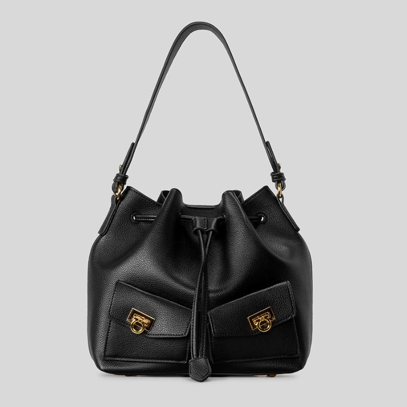 

Retro Drawstring Bucket Bag Luxury Soft Pleated Handbag For Women Multi-pocket Large Capacity Shoulder Bag Gold Lock Decoration чёрный