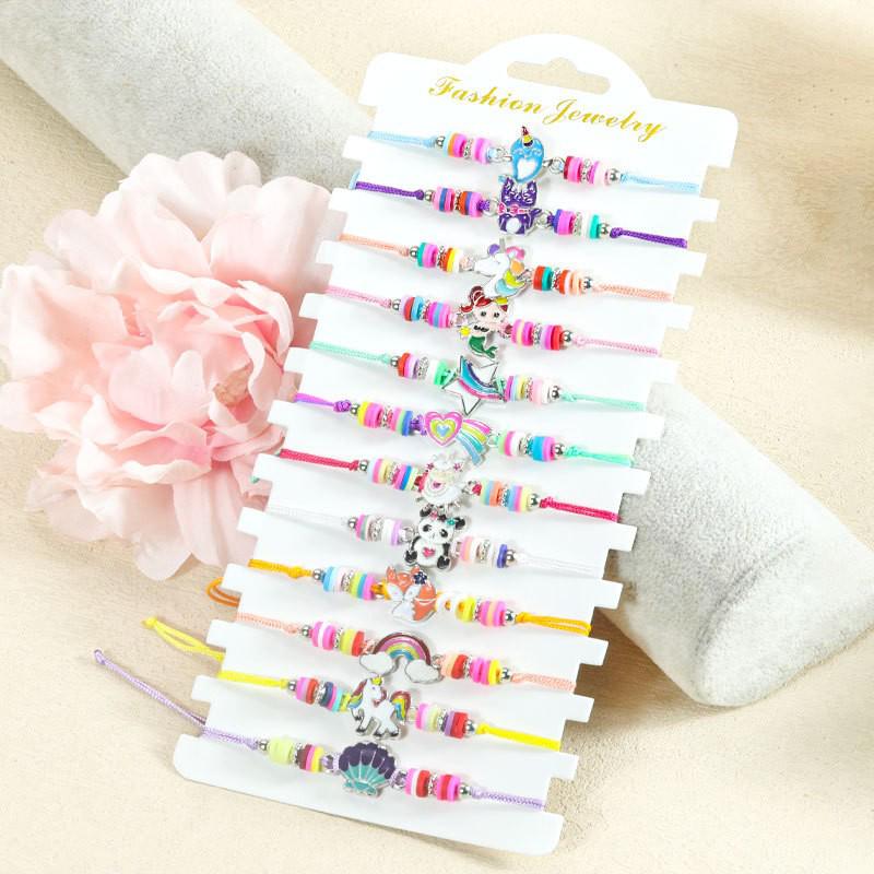 Hot-Selling Cartoon Beaded Bracelet Set: Colorful Unicorn, Butterfly, and Dinosaur Designs for Kids with Polymer Clay Flowers