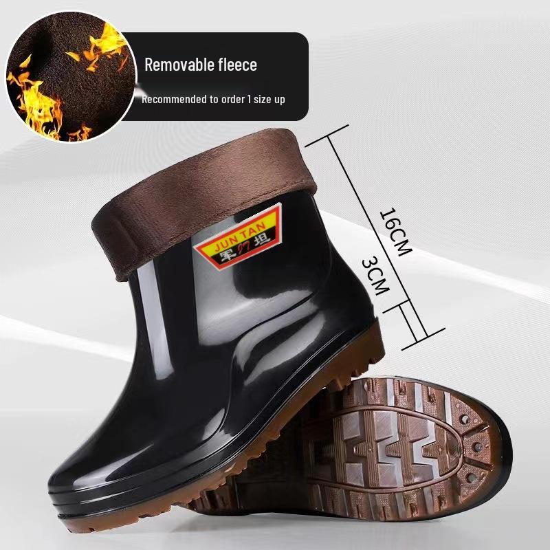 Vanntette sklisikre varme gummiregnstøvler for menn med fortykket lavskaftdesign