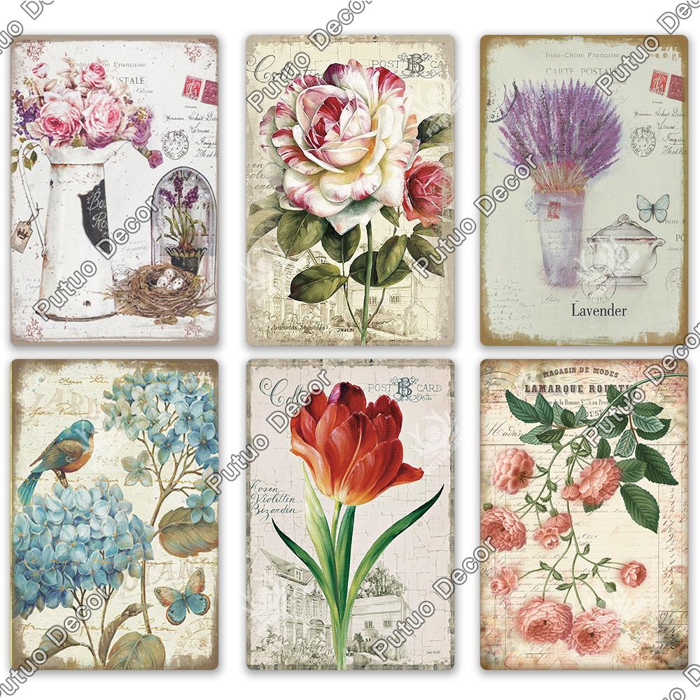 Decor Flower Plaque Metal Vintage Tin Sign Wall Decoration Posters for Home Garden Kitchen Living Room Iron Painting