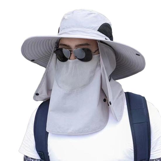 Men Fisherman Hat Wide Brim Breathable Mesh Design Quick-Drying Bucket Hat with Neck Shawl Face Guard Outdoor Fishing Hat