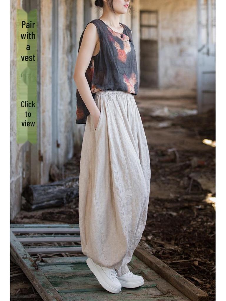 Ramie Cotton Distressed Patchwork Lantern Pants - Women's Spring/Summer Pumpkin Long Pants