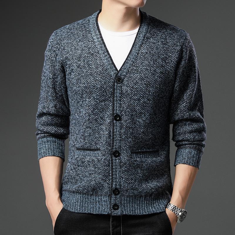 Men's Autumn/Winter Plus Velvet V-Neck Long Sleeve Cardigan Sweater