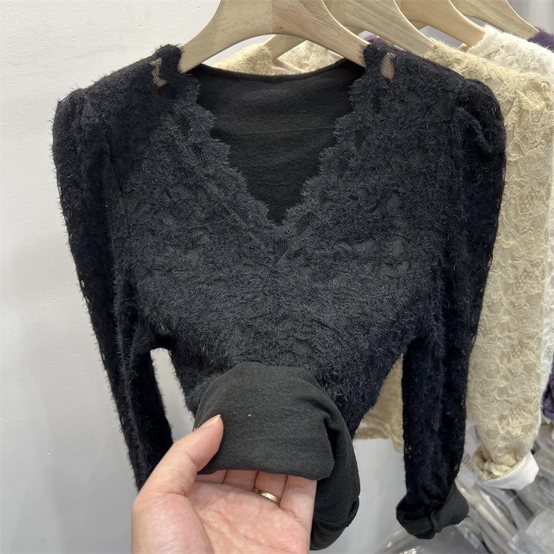 Women's V-Neck Lace Mesh Velvet Top - Long-Sleeve, Slim, Stylish for Autumn/Winter