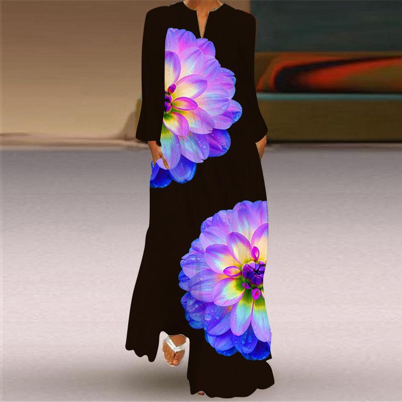 2024 Autumn European & American V-Neck Long-Sleeve Sexy Printed Maxi Dress