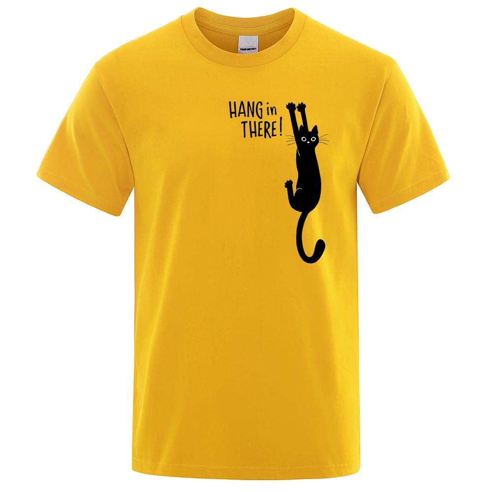 Summer T-shirt for Male Funny Cat Printed Hang in Here Cute T-shirts Men Cotton Short Sleeve Top Tee Shirts Casual O-Neck Tops