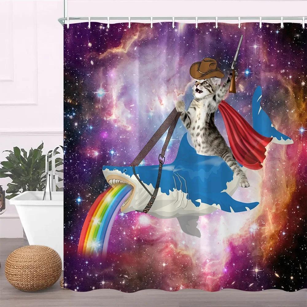 Monika Chen Funny Western Cowboy Cat Shower Curtain Cat Riding Shark Whale Universe Galaxy Cartoon Hilarious Fabric Kid Decor Bath Curtain