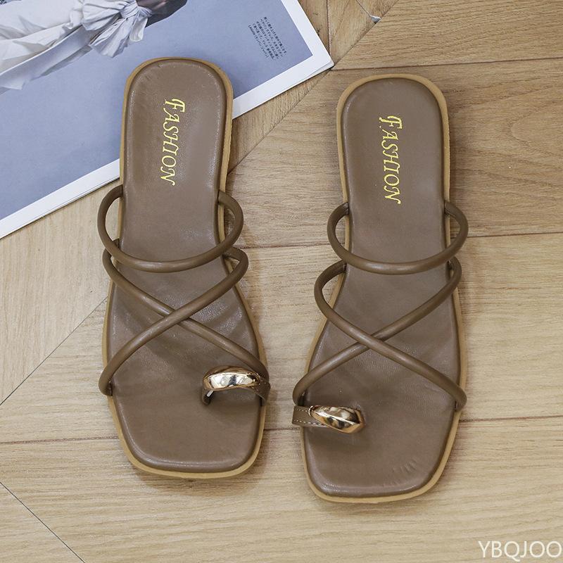 Fashion 2025 Women's Slipper Summer Metal Buckle Cross Flats Roman Low Heels Sandals Ladies Open Toe Beach Slippers Zapatos Mujer