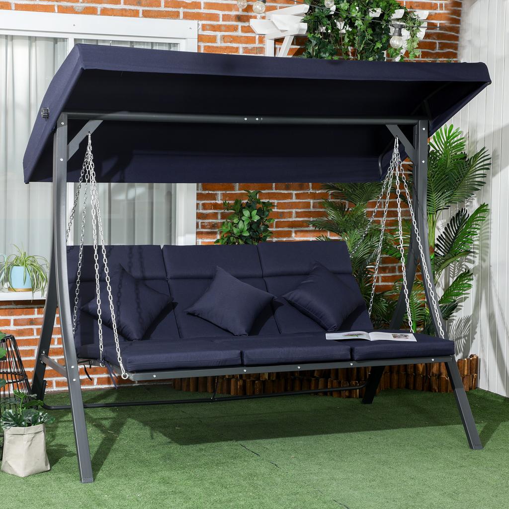 Altalena da Giardino Hollywood Swing, 3 Persone, Tettoia Parasole Regolabile, 198 x 118 x 168 cm, Blu Scuro
