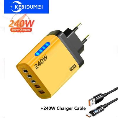 5 In 1 GaN Desktop Charger 240W Fast Charging Adapter 10A USB To TypeC Cable 3PD 2 USB Charger with 240W Charger Cable EU Plug