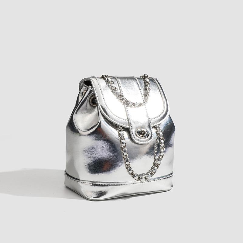 2024 Summer New Niche High-End-Style Chain Backpack Silver Fashion Backpack Rhinestone School Bag