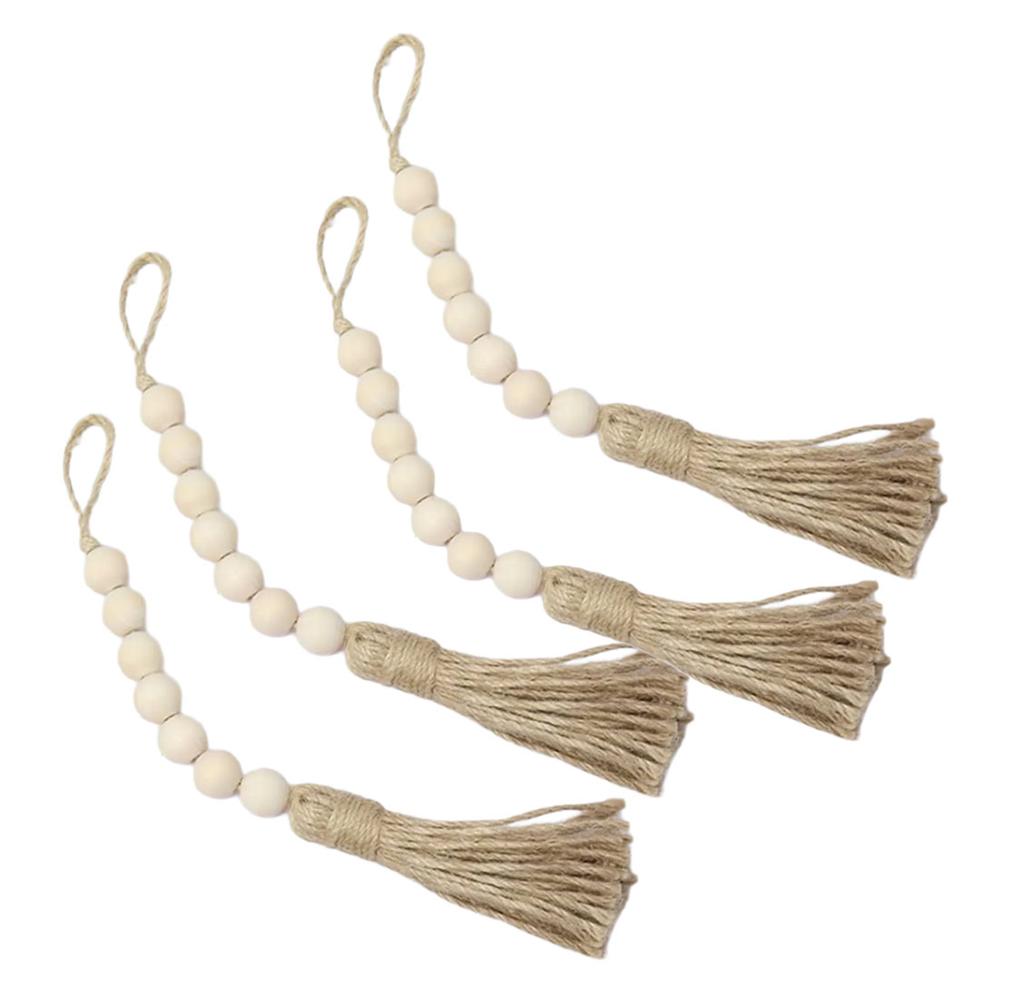 Pack of 4 Tassel Wooden Beads Garland Cotton Line Decorative Door Handle Decor Tassel Bead Pendant for Cabinet Door