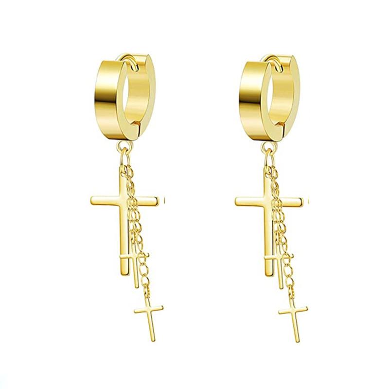 WKOUD 2PCS Stainless Steel No Piercing Cross For Men Kpop Clip On Cross Earring Gothic Punk Fake Ear Cuff Cross Earring Dangle