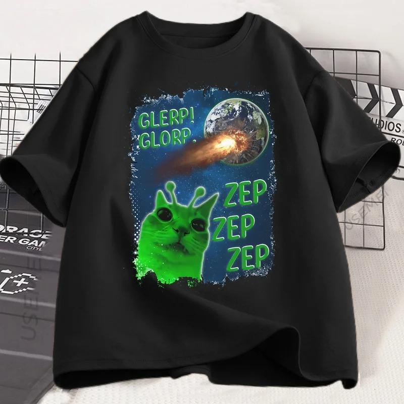 Funny Alien Cat TShirt Men Women Humor Brainrot T Shirt Silly Cats Joke T Shirts Short Sleeve Harajuku Tees Streetwear S