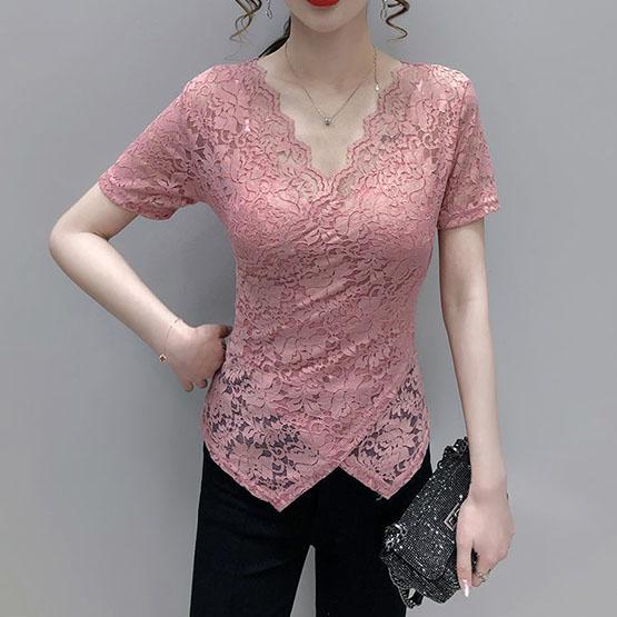 S-4XL Spring Summer Women's Tops Plus Size Solid Color Slim Lace Bottoming Shirts All-match V-neck Short-sleeved Shirts