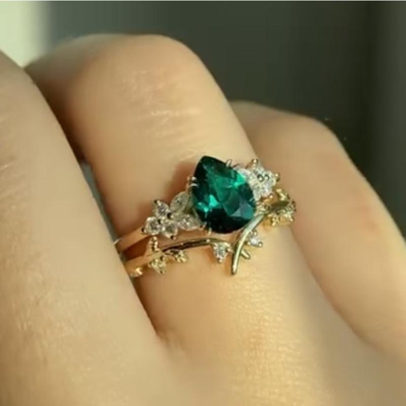 Inele delicate pentru femei Culoare aurie Picătură de apă Floare Frunză Inele cu piatră verde alb Set Accesorii petrecere Cadou