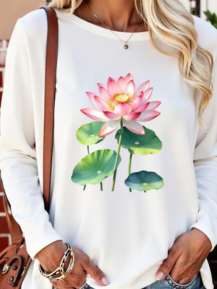 

(Asian Size) sweet trend flower 90s Long Sleeve T Shirt Tee Lady Printed o-neck Women Female Clothing Casual Fashion Top Graphic T-shirts S