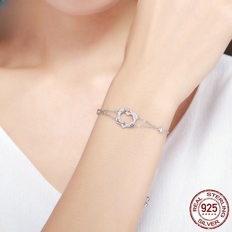 Koreanischer Stil, mit Diamanten besetztes, exquisites, dünnes Armband aus S925-Sterlingsilber, doppeltes Herz umwickelt, Damen-Temperament, Valentinstagsgeschenk