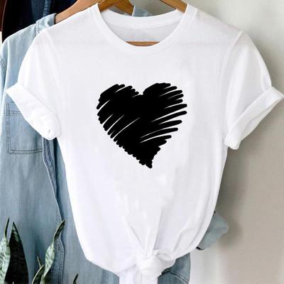 (Europäische Größe) 90er Top T-Shirt Aquarell Herz Liebe Trend Niedlich Mode Freizeitkleidung T-Shirt Ärmel Damen Druck Dame Weiblich Rundhalsausschnitt Grafik-T-Shirt