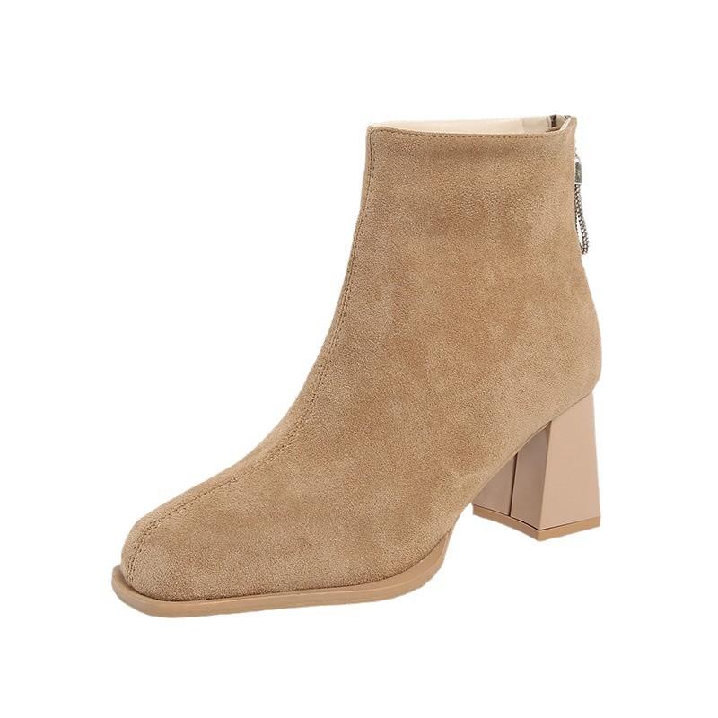 2025 autumn and winter new French medium heel thick heel short boots women's Korean version rear zipper square head suede fashion women's boots tide