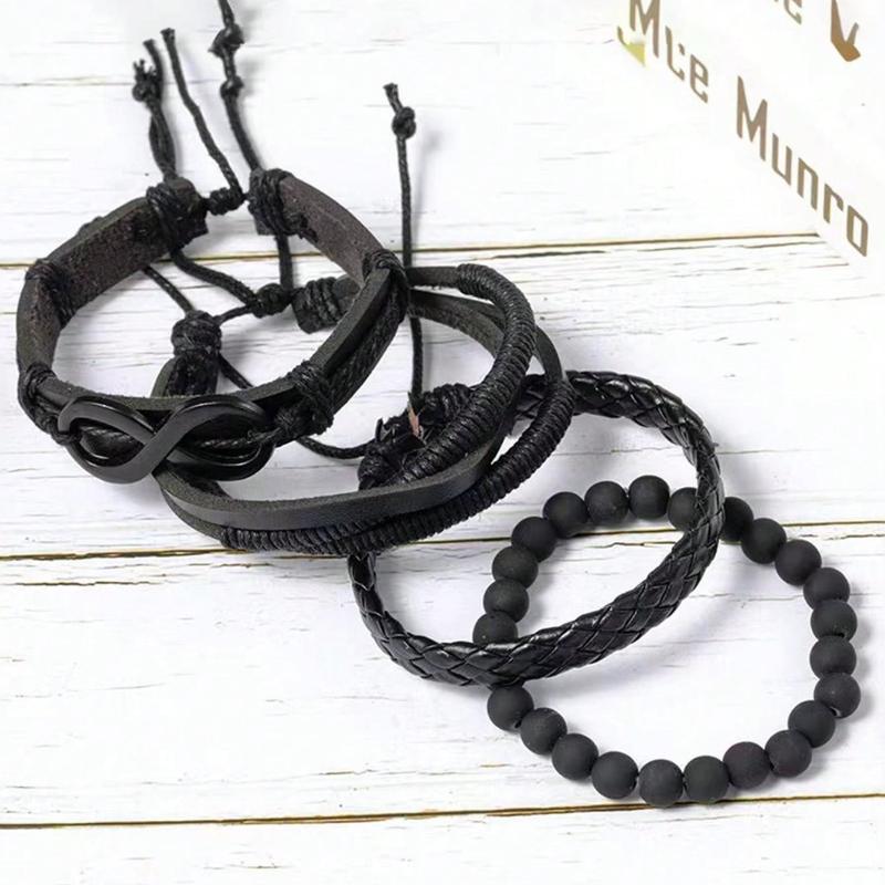 4pcs Casual Vintage Leather Adjustable Bracelet Set, Suitable For Men's Daily Wear, Birthday, Party, Date, Gift