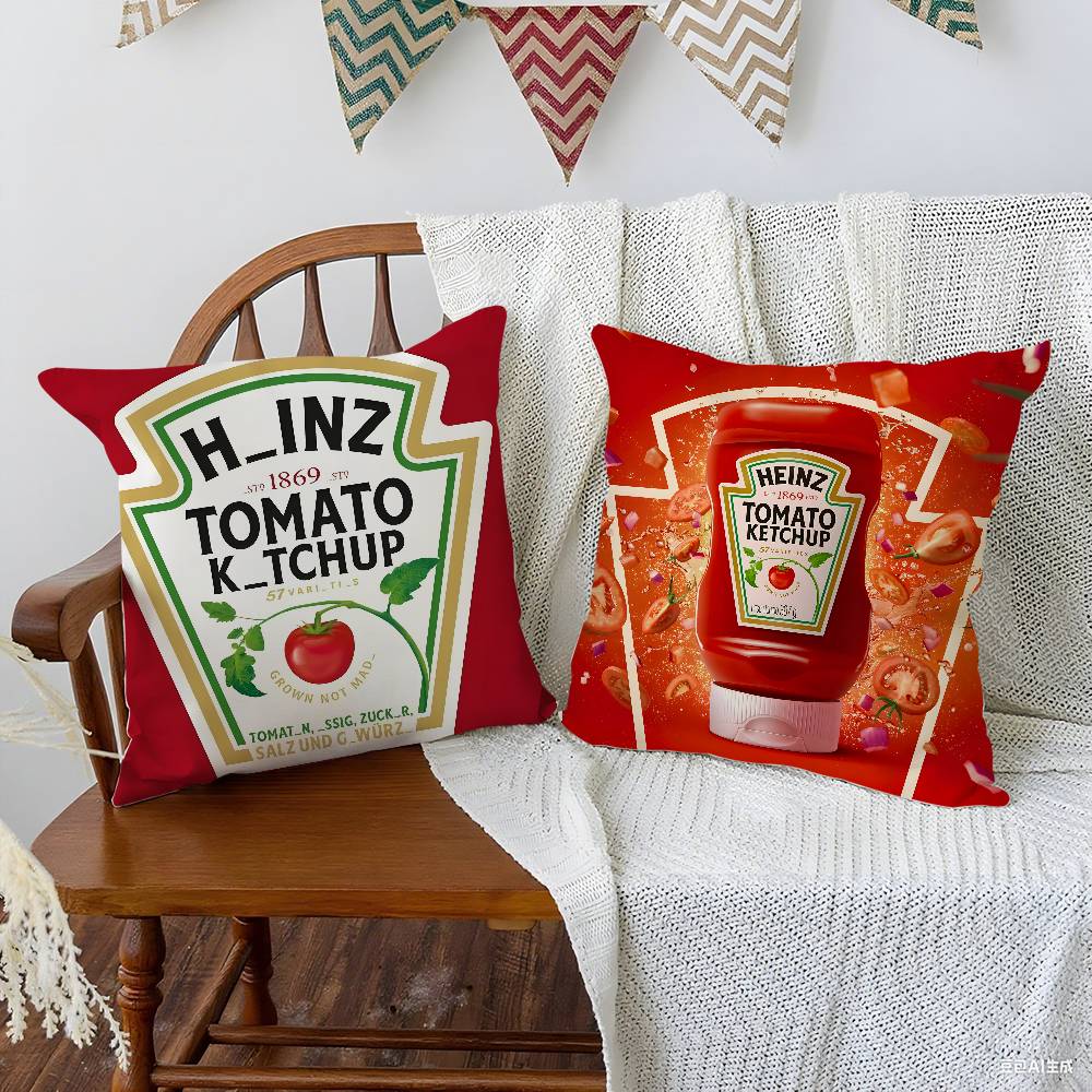 Funny H-heinzS Ketchup Label Pillow Case Soft Plush Fabric Double Sided Print Decorative Home Living Room Gift Cushion