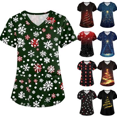 Women's Christmas Printed Uniform Work Uniform V-Neck Pocket Protective Work Uniform