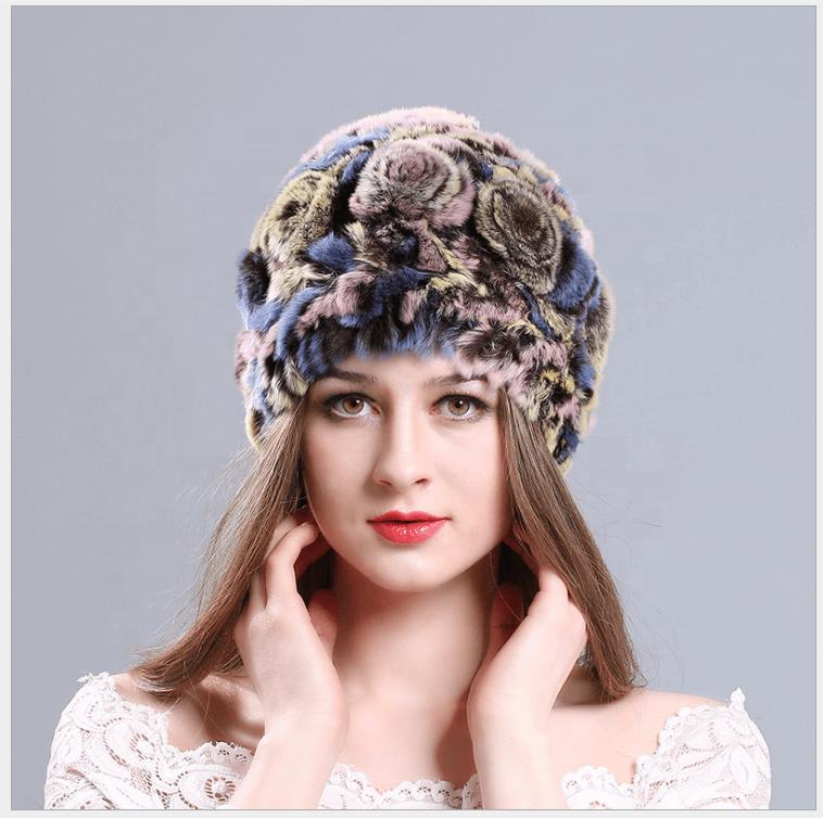 Russian Rex Rabbit Fur Hat Hand Made Knitted Beanies Soft Snow Hats