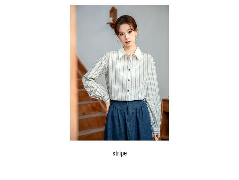 Women's Blue Striped Shirt with Contrast Collar, Retro Hong Kong Style, Loose Fit, Long Sleeve, 2026 Spring Design