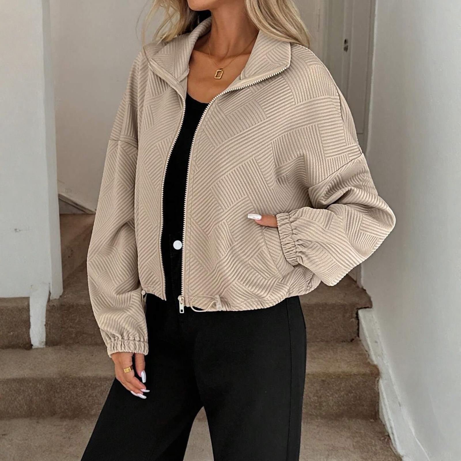 

Women s Fashionable Solid Color Long Sleeved High Neck Zipper Hem Drawstring Pocket Loose Baseball Jacket M хаки