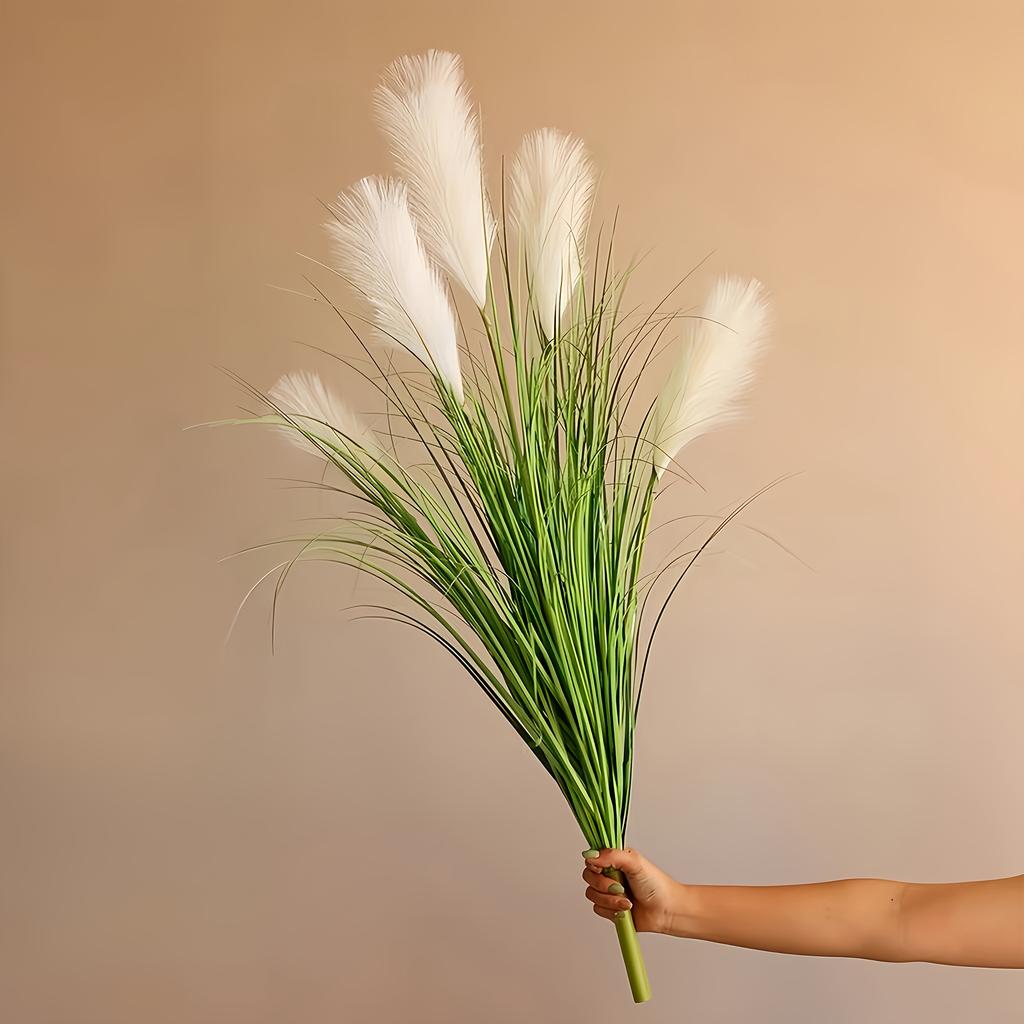 1 Bundle of Artificial Pampas Grass, Lifelike Outdoor Reeds and Green Shrubs, Very Suitable for Home, Office, Porch and Garden Decoration.