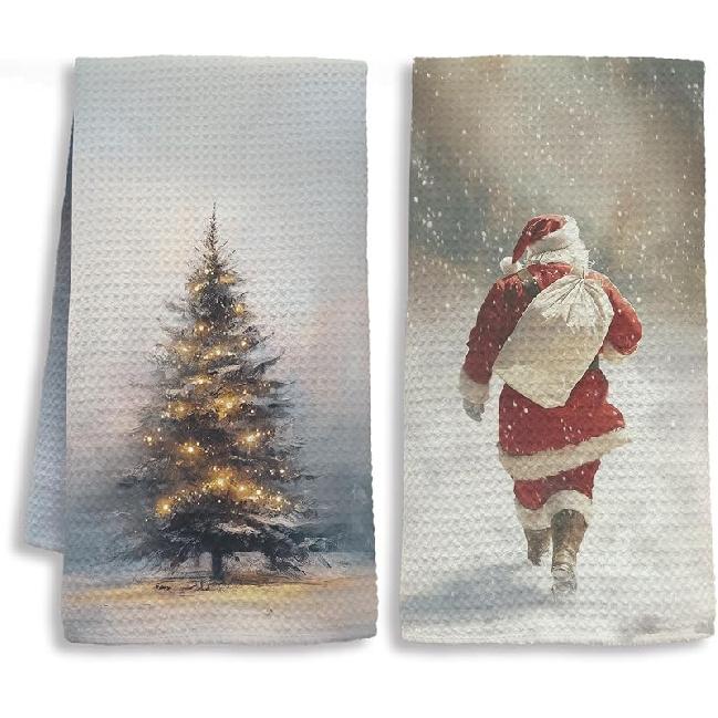 Pink Santa Winter Kitchen Towels, Snowflake Winter Dish Tea Towels for Kitchen, Funny Christmas Santa Claus Holiday Decorative Hand Towel for