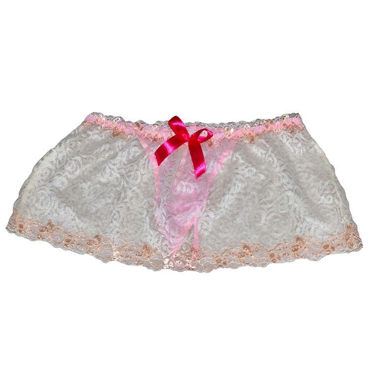 Men Lace Sheer Girly Underwear Sexy Sissy Pouch Panties Femboy Low Rise Bow Lingerie Skirted G-String T-Back Thong Gay Nightwear