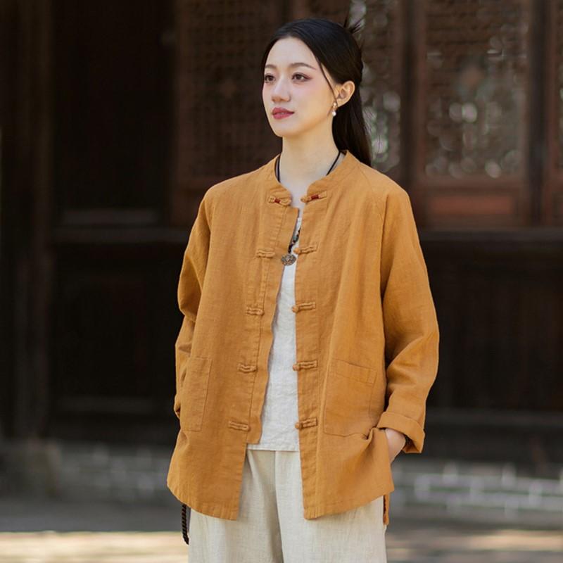 Johnature Women Vintage Shirts Stand Long Sleeve Tops Spring Chinese Style Solid Color Button Pockets Shirts