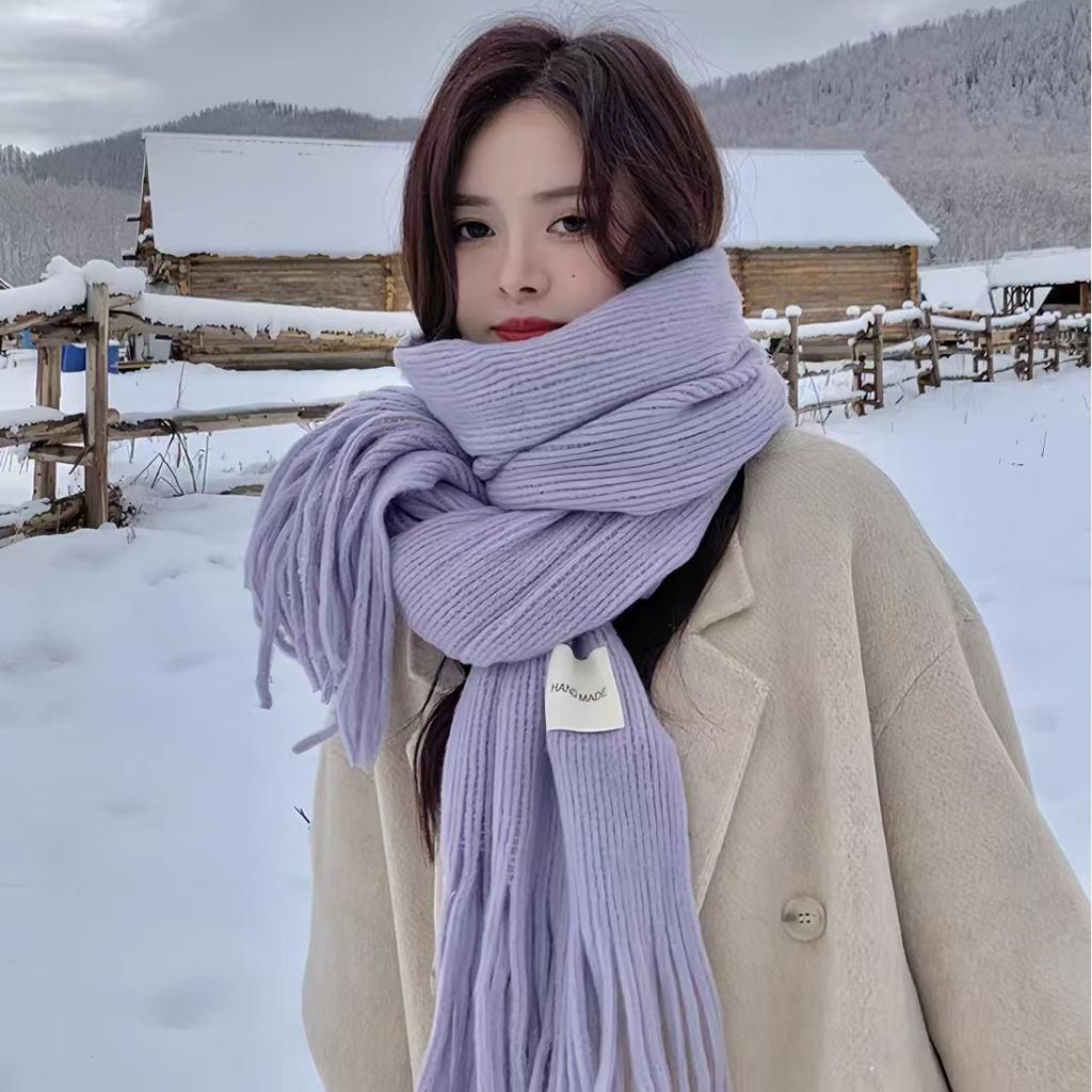 Women Girls Elegant Scarf Winter Thicken Warm Solid Color Knitted Long Tassel Scarves Soft Cotton Thickened Shawl Wraps Women