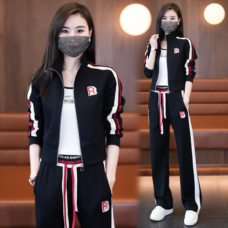 

Жіночий повсякденний спортивний костюм у стилі весна-осінь 2024 року: Модний комплект светрів і широких спортивних штанів 3XL чорний